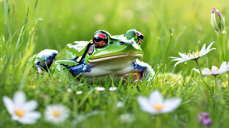 A serene desktop image featuring a frog amidst soft wildflowers and green grass against a vast, pure blue void, perfect for your computer or PC.