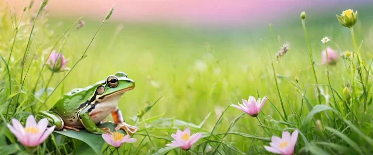 A serene and idyllic desktop scene of a frog amidst soft wildflowers on a pristine green meadow for your Desktop/PC.