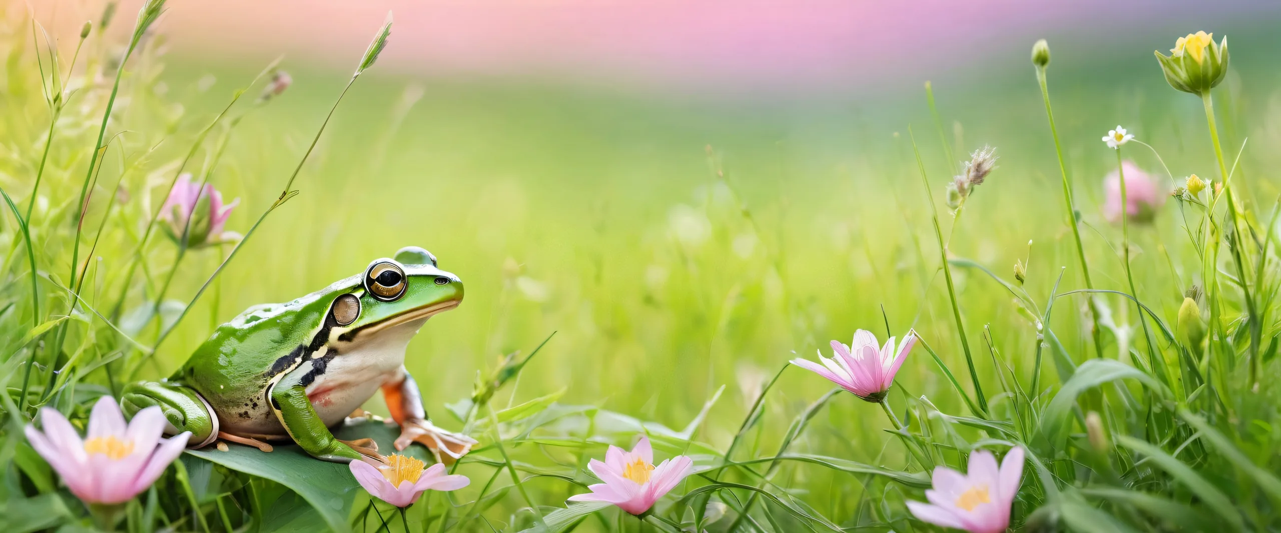 A serene and idyllic desktop scene of a frog amidst soft wildflowers on a pristine green meadow for your Desktop/PC.