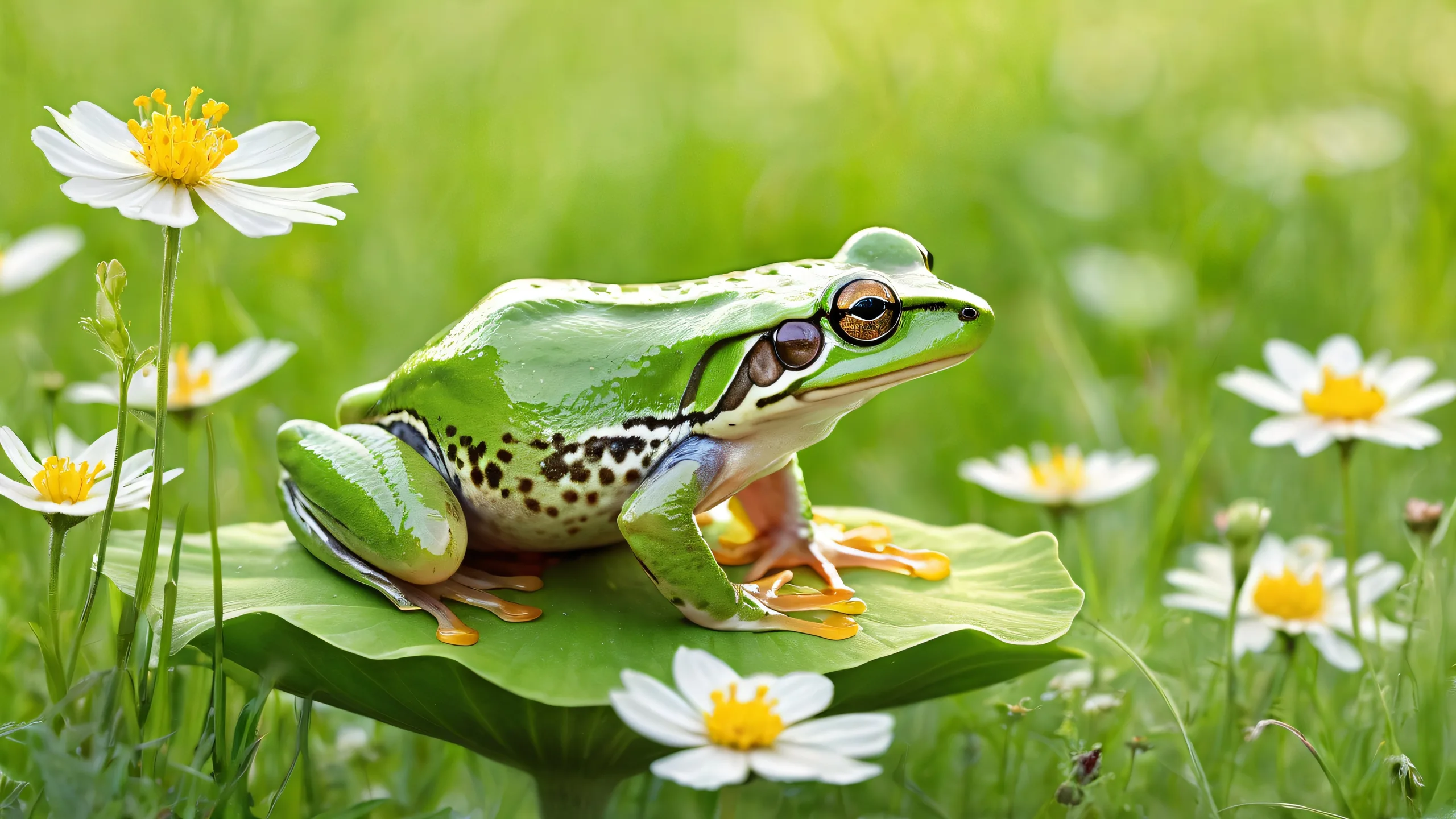 A frog on a mouse surrounded by soft wildflowers and green grass against a pure void background suitable for desktops/PCs.