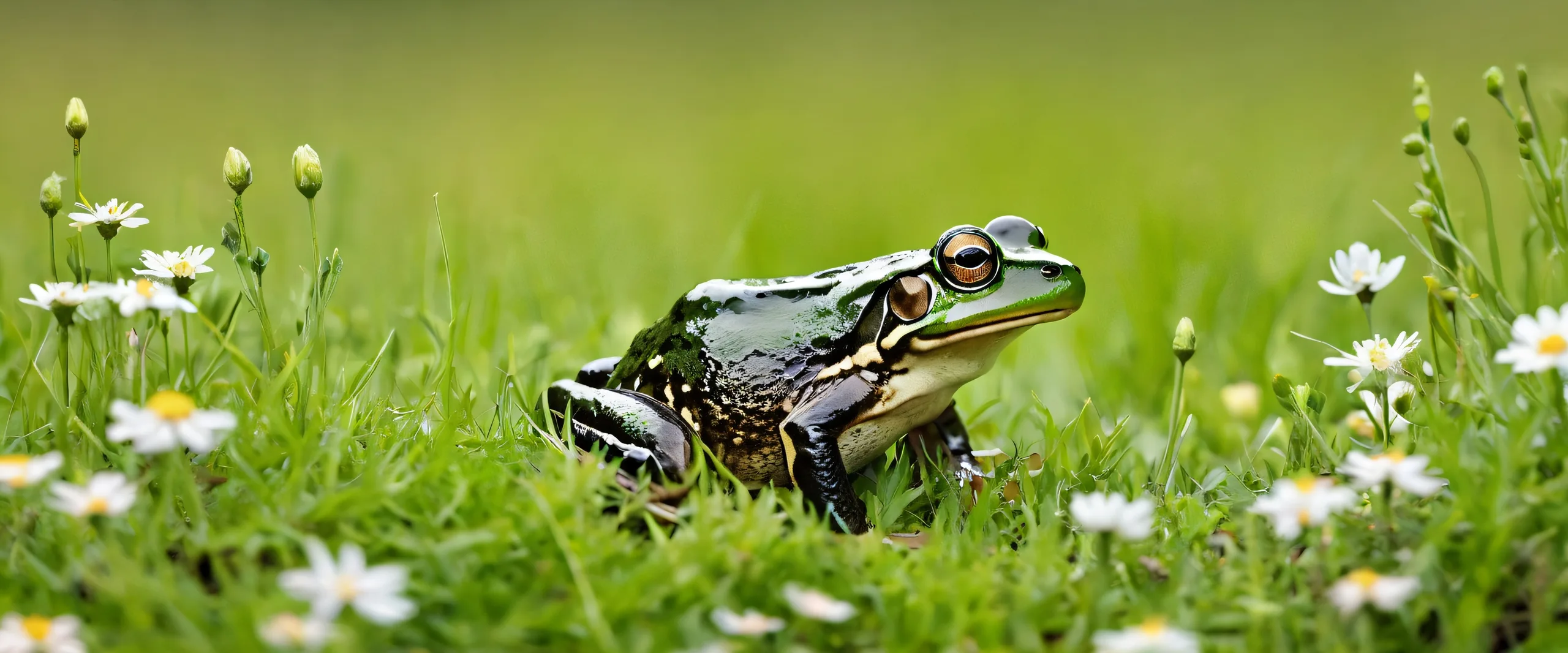 A serene desktop image of a frog in a vast pure void with soft wildflowers and green grass on a Desktop/PC