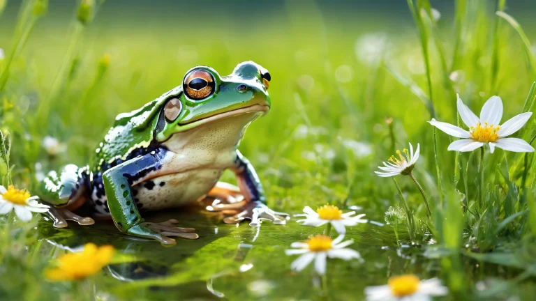 A serene desktop scene featuring a frog surrounded by a vast, pure void with soft wildflowers and green grass. Suitable for Desktop/PC backgrounds.