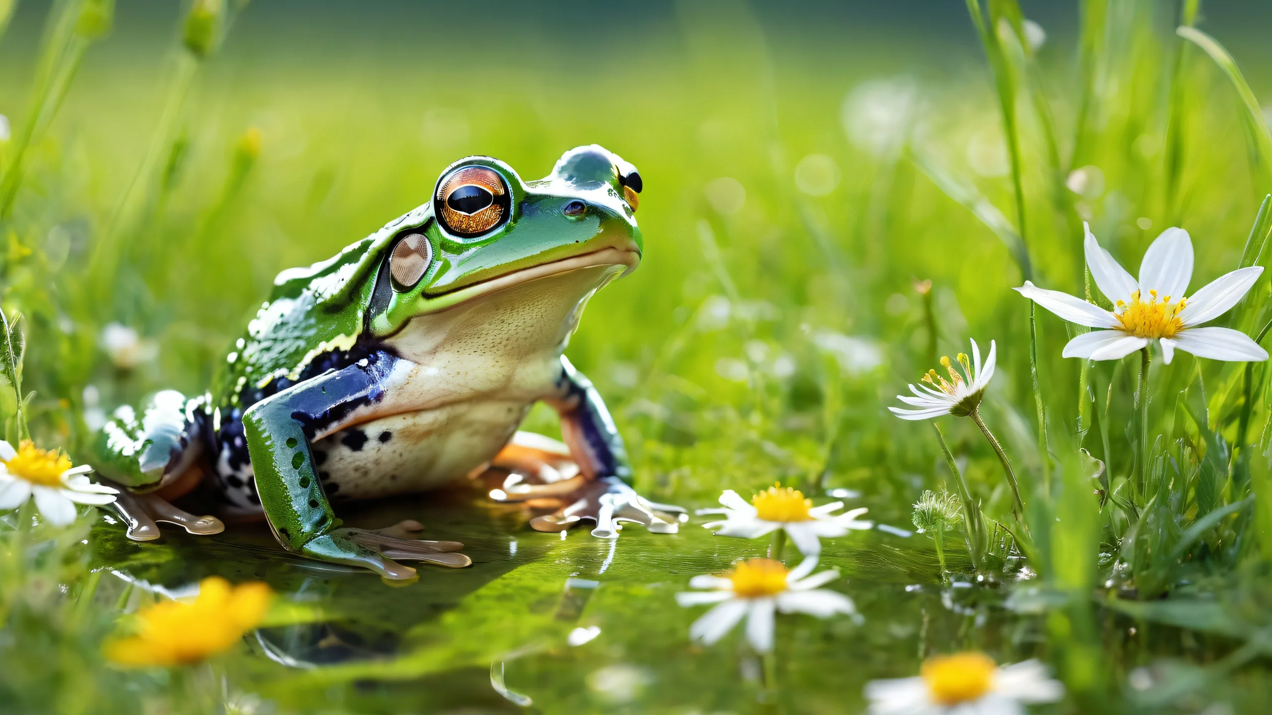 A serene desktop scene featuring a frog surrounded by a vast, pure void with soft wildflowers and green grass. Suitable for Desktop/PC backgrounds.