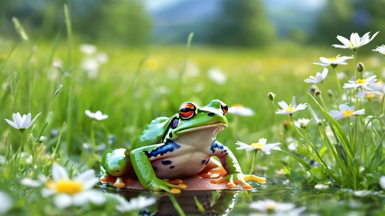 A serene desktop landscape featuring a frog amidst soft wildflowers and green grass on a pristine meadow background, idéal pour une utilisation sur PC ou ordinateur de bureau.