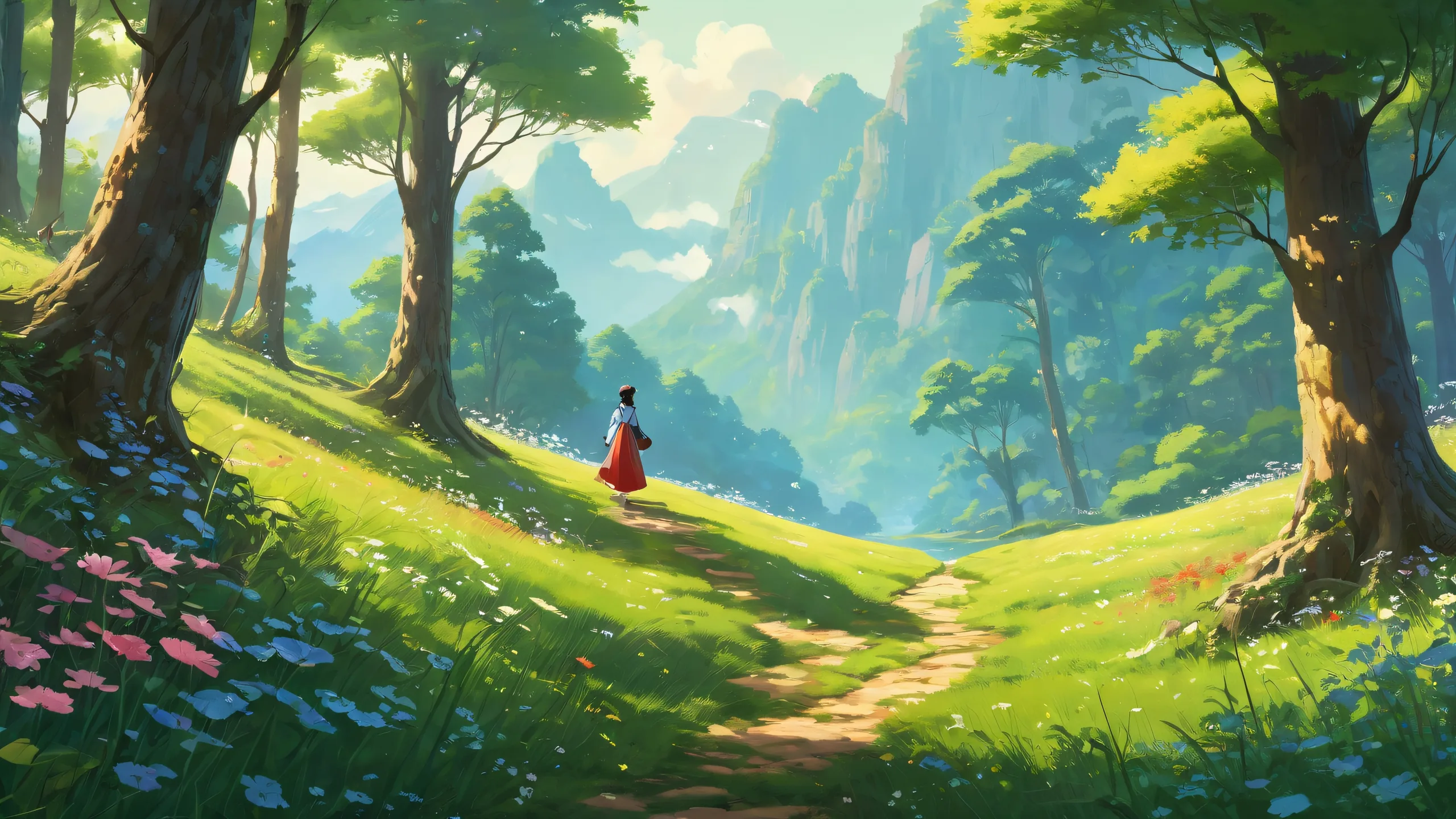 A serene anime-inspired meadow scene on a desktop or PC, with extreme depth of field and radiant colors.