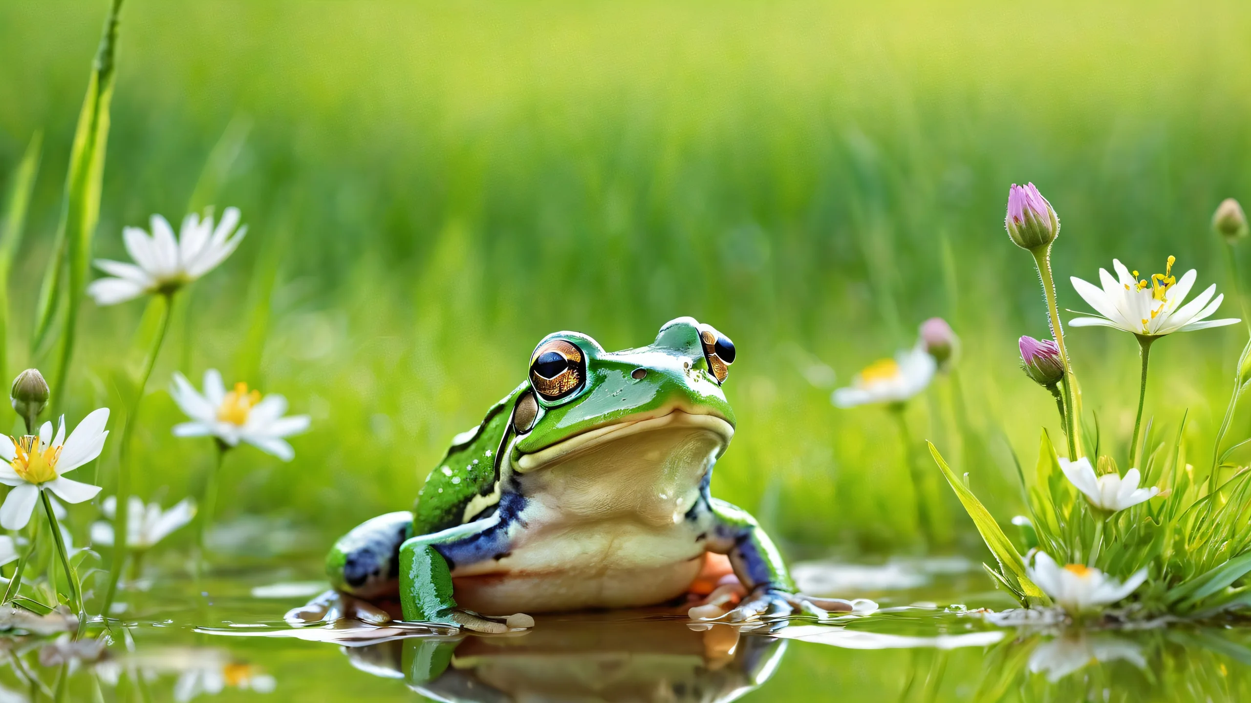 A serene and idyllic meadow scene for desktop use on PC or laptop, featuring a tiny frog in a vast pure void with soft wildflowers and green grass.