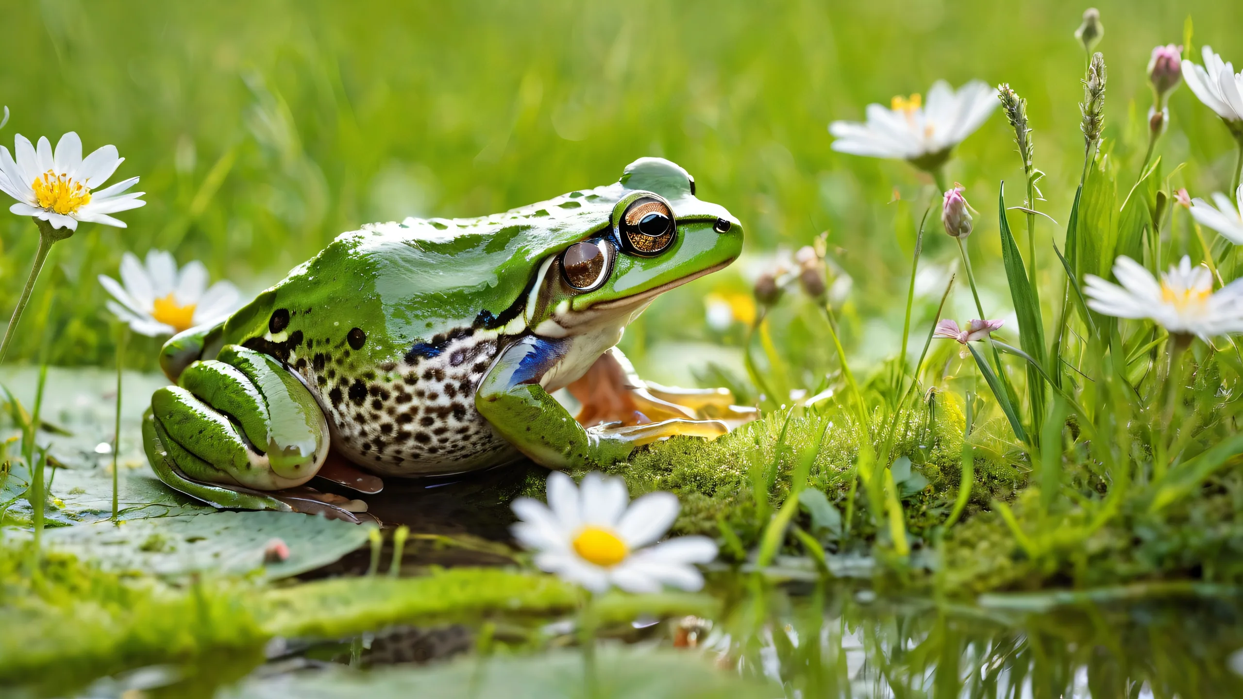 A vibrant meadow scene on a desktop/pc with soft wildflowers and green grass, perfect for a beautiful digital art wallpaper.