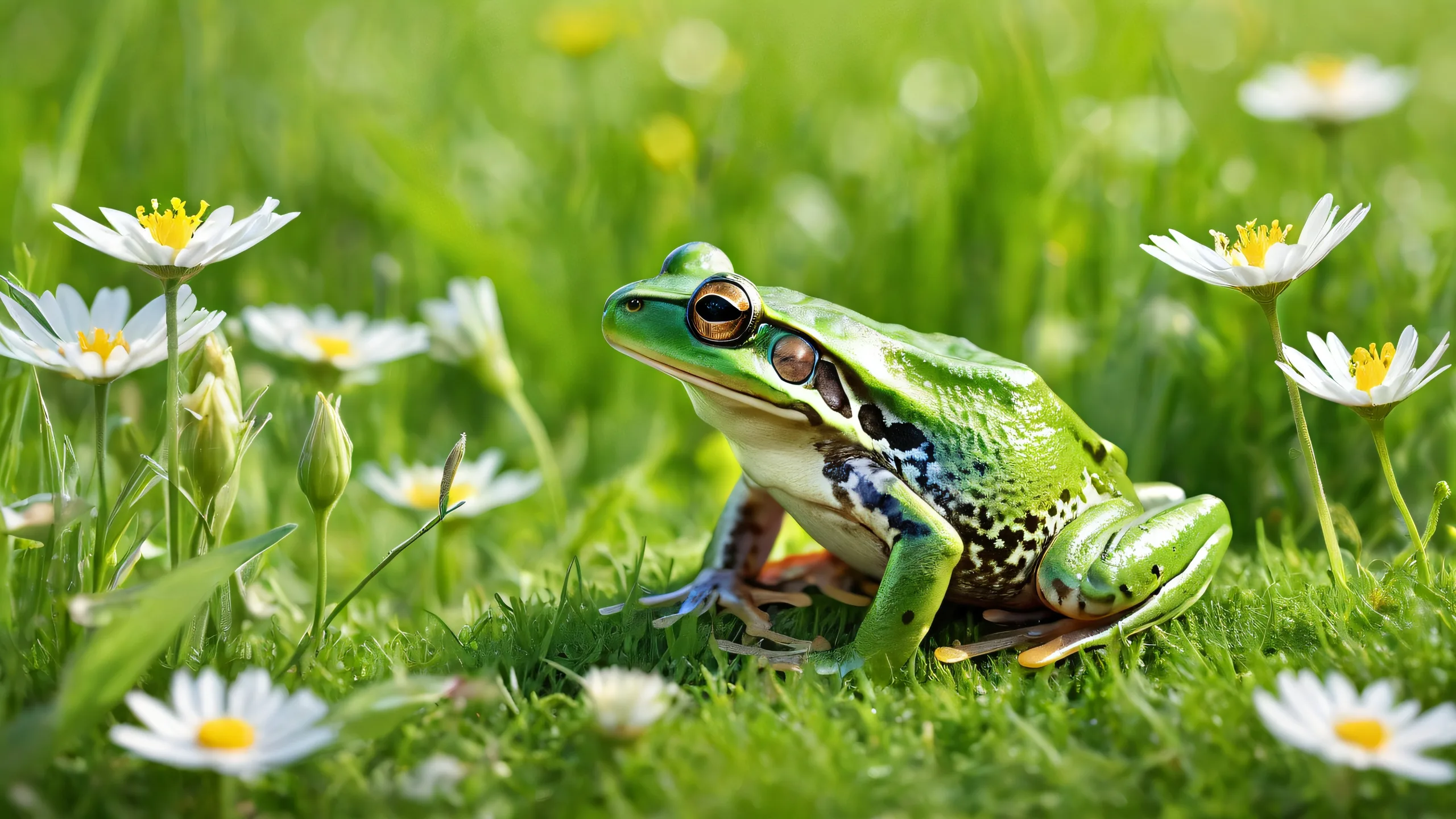 A peaceful meadow scene with a frog surrounded by soft wildflowers and green grass on a pristine desktop/pc background.