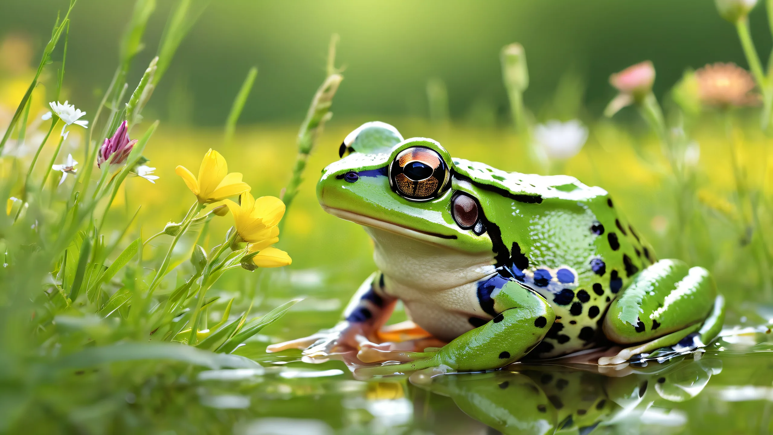 A serene meadow scene on a desktop/PC featuring a frog surrounded by soft wildflowers and green grass, with ethereal lighting.