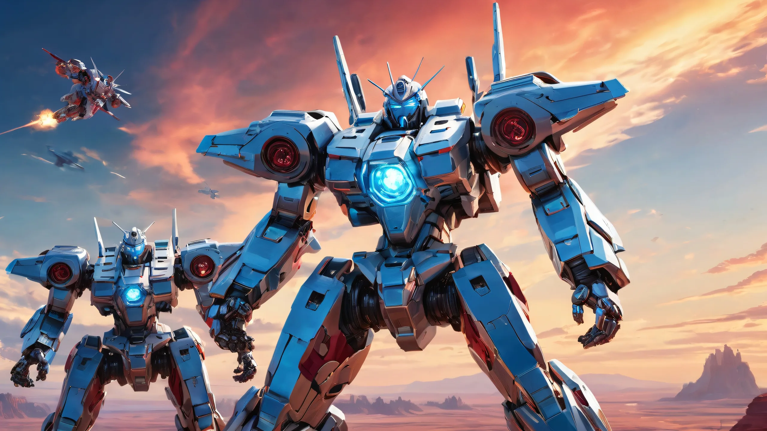 Mechs soar through a pristine void against a backdrop of deep blues and crimson reds for your Desktop/PC.