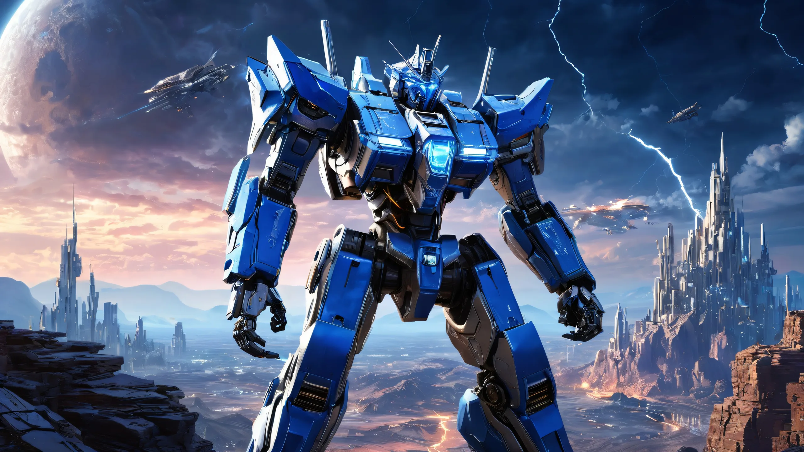 A futuristic desktop wallpaper featuring mechs against a pure void background with lightning effects and radiant colors, suitable for Desktop/PC use.