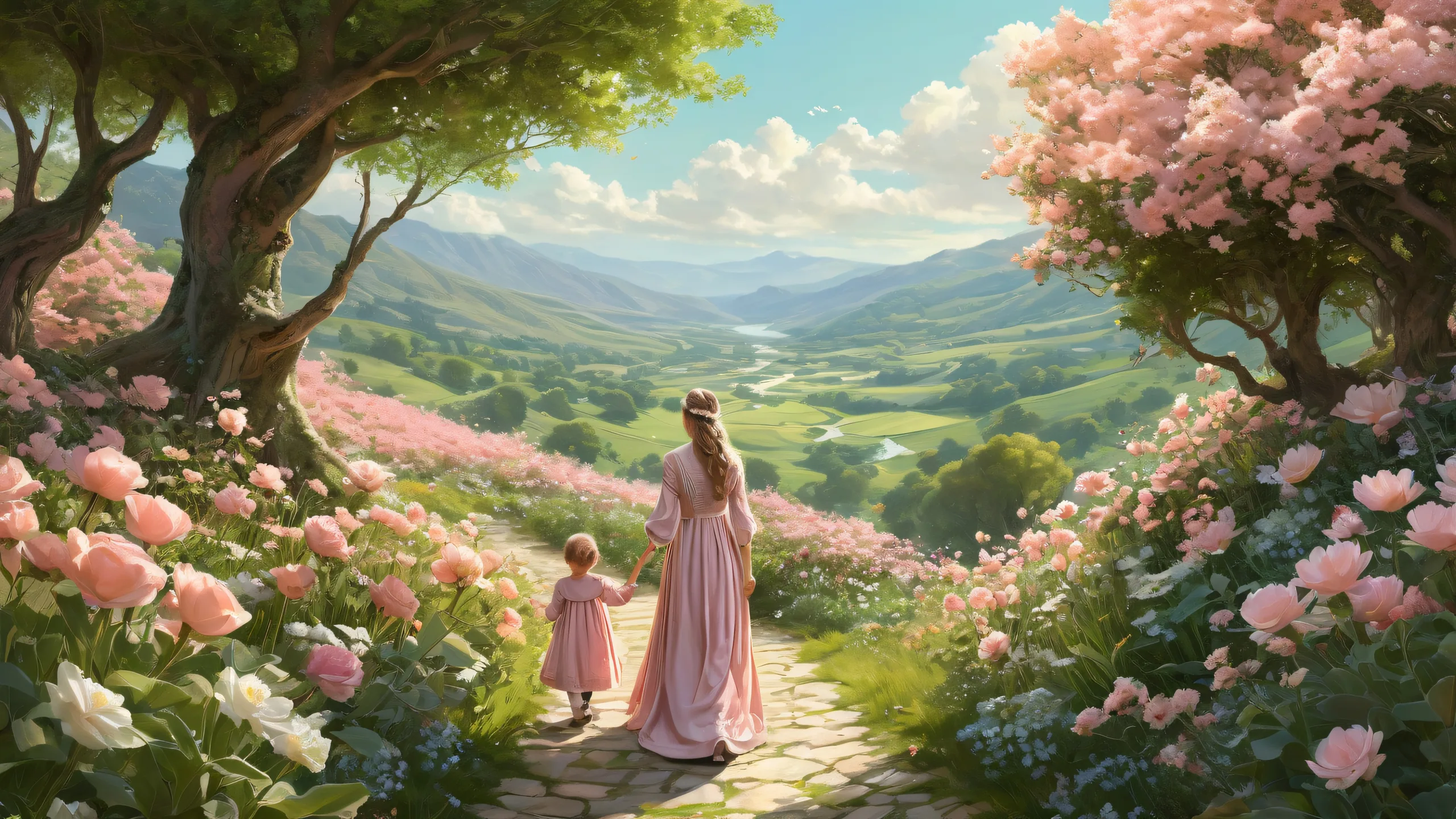 Mother and baby in a pristine medieval-inspired landscape with lush greenery and vibrant flowers on a desktop or PC.