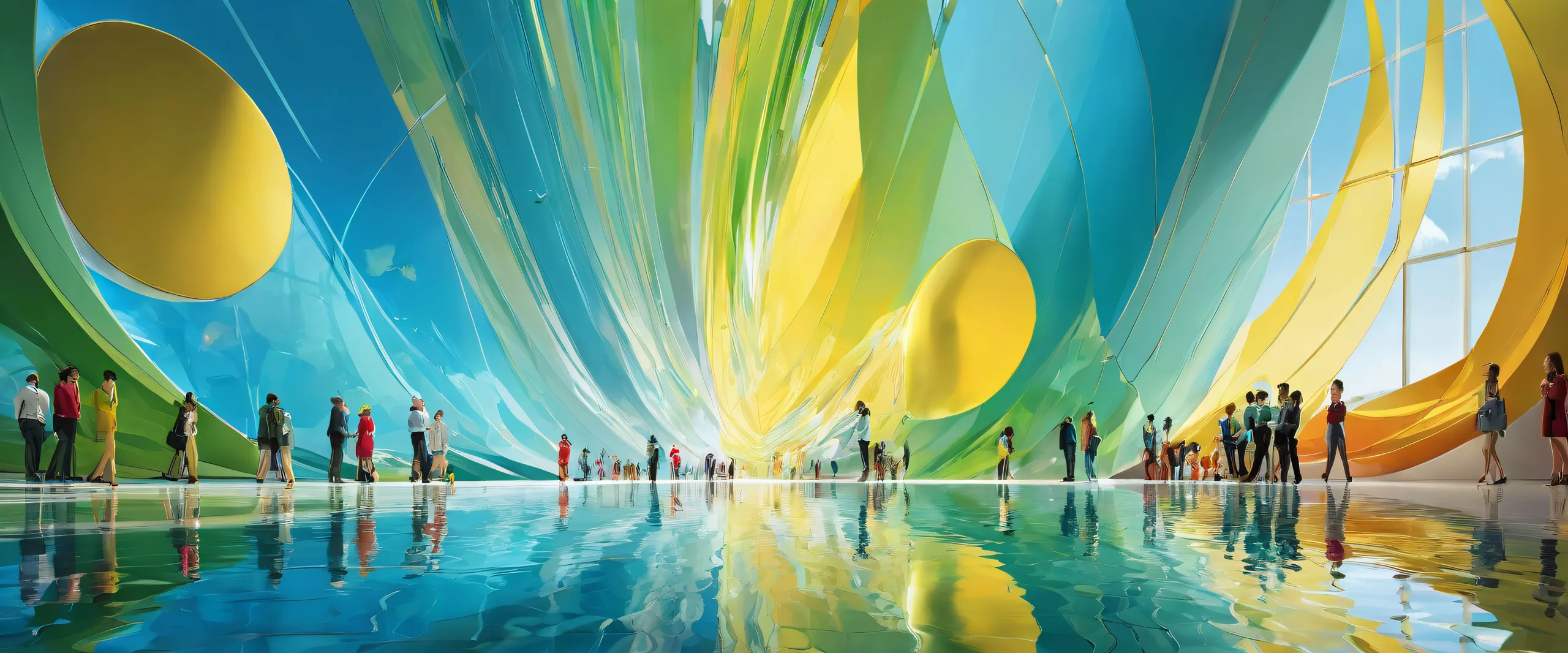 Group of people in a vast pure void with radiant lighting and brilliant colors for desktop/pc use.