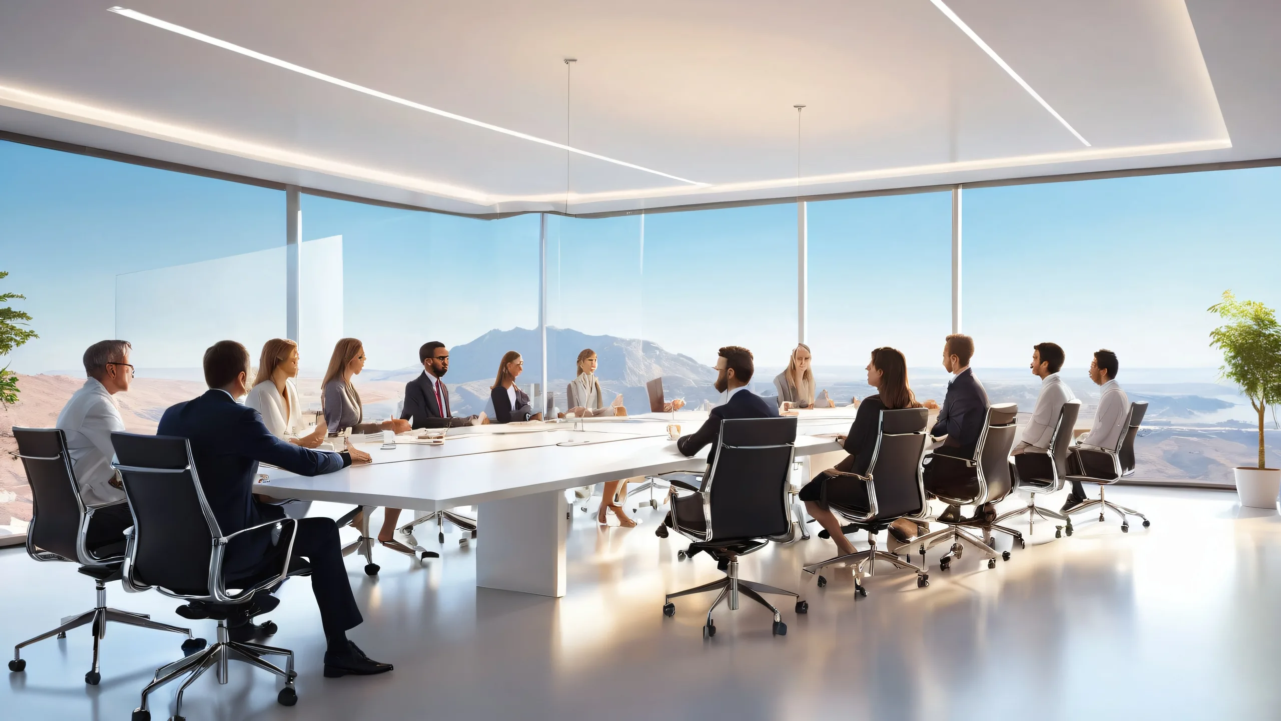 People in Meetings against a pure void background on a Desktop/PC. Extremely detailed and radiant digital art.