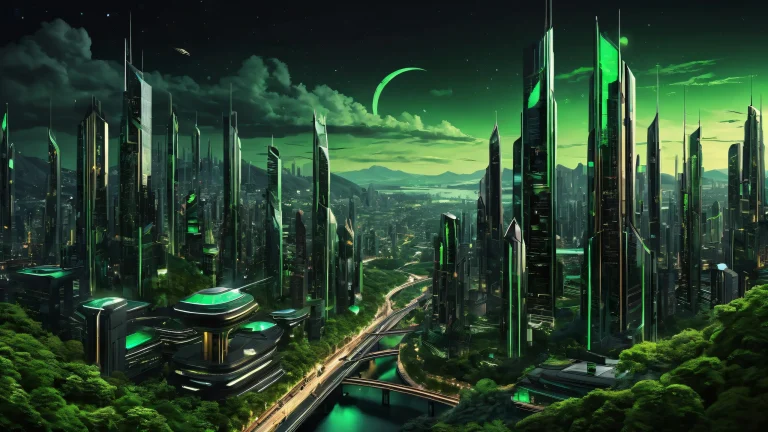 Breathtaking futuristic cityscape with nature and vibrant colors for desktop/pc