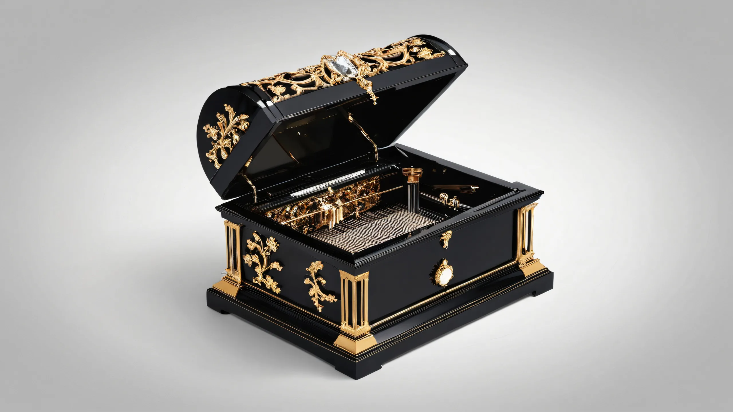 A mesmerizing desktop scene of a music box in perfect darkness, suitable for Desktop/PC