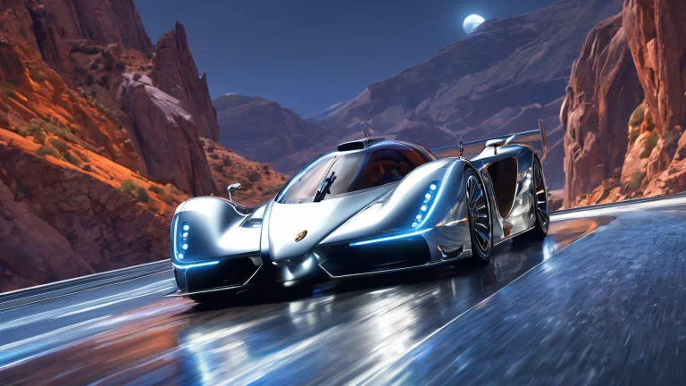 A breathtaking desktop scene of a metallic vehicle against a deep blue void with radiant lighting and ray-traced reflections, perfeito para seu PC ou Desktop.