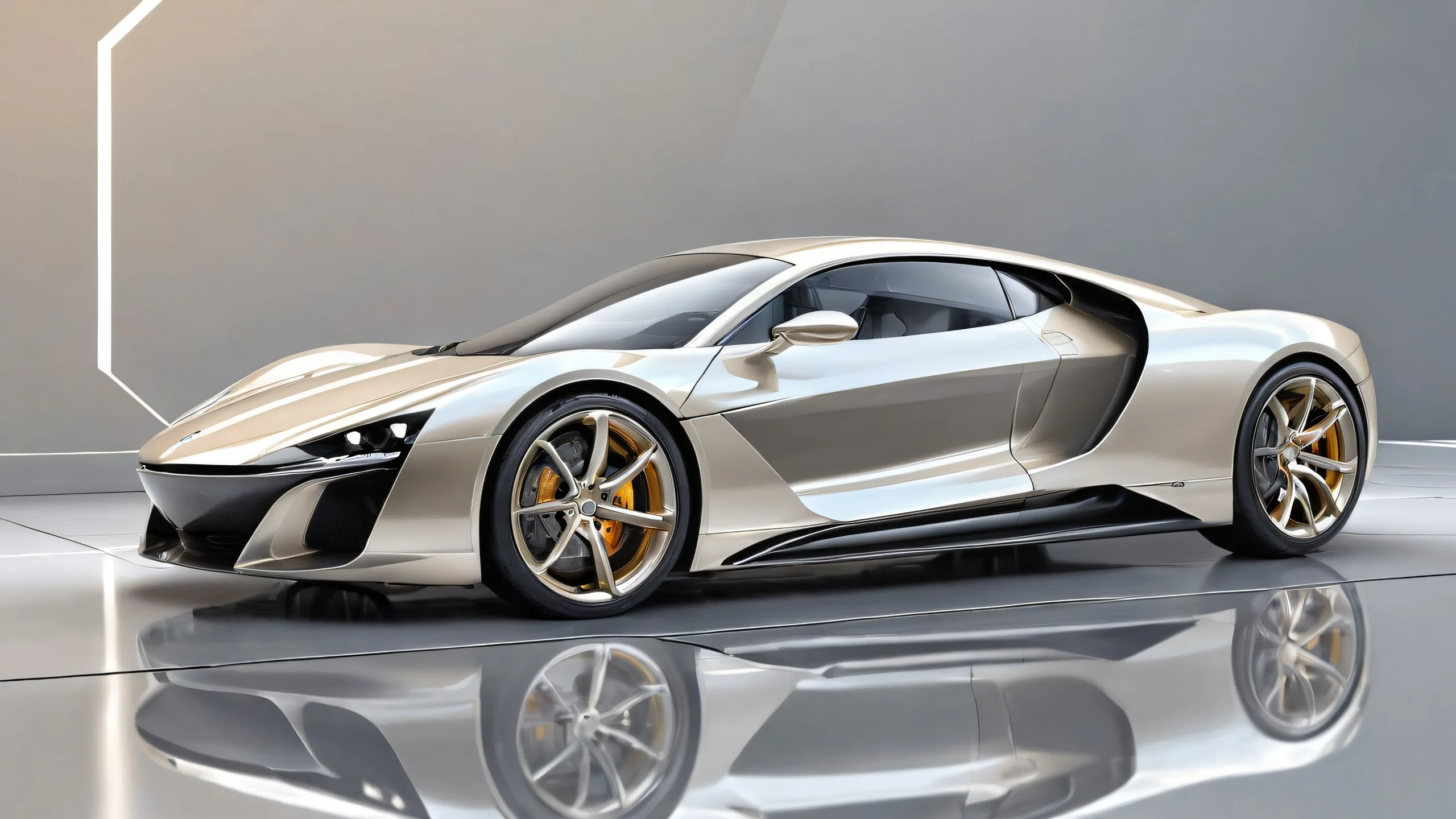 A stunning desktop wallpaper featuring a sleek gray vehicle in a vast pure void with radiant lighting and reflections, perfect for your Desktop/PC.