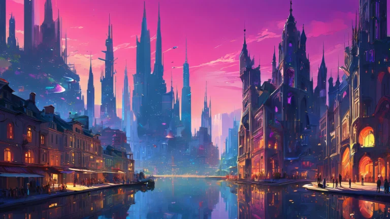 Silhouette of a futuristic cityscape on a desktop or PC, with a deep void background and ethereal lighting.
