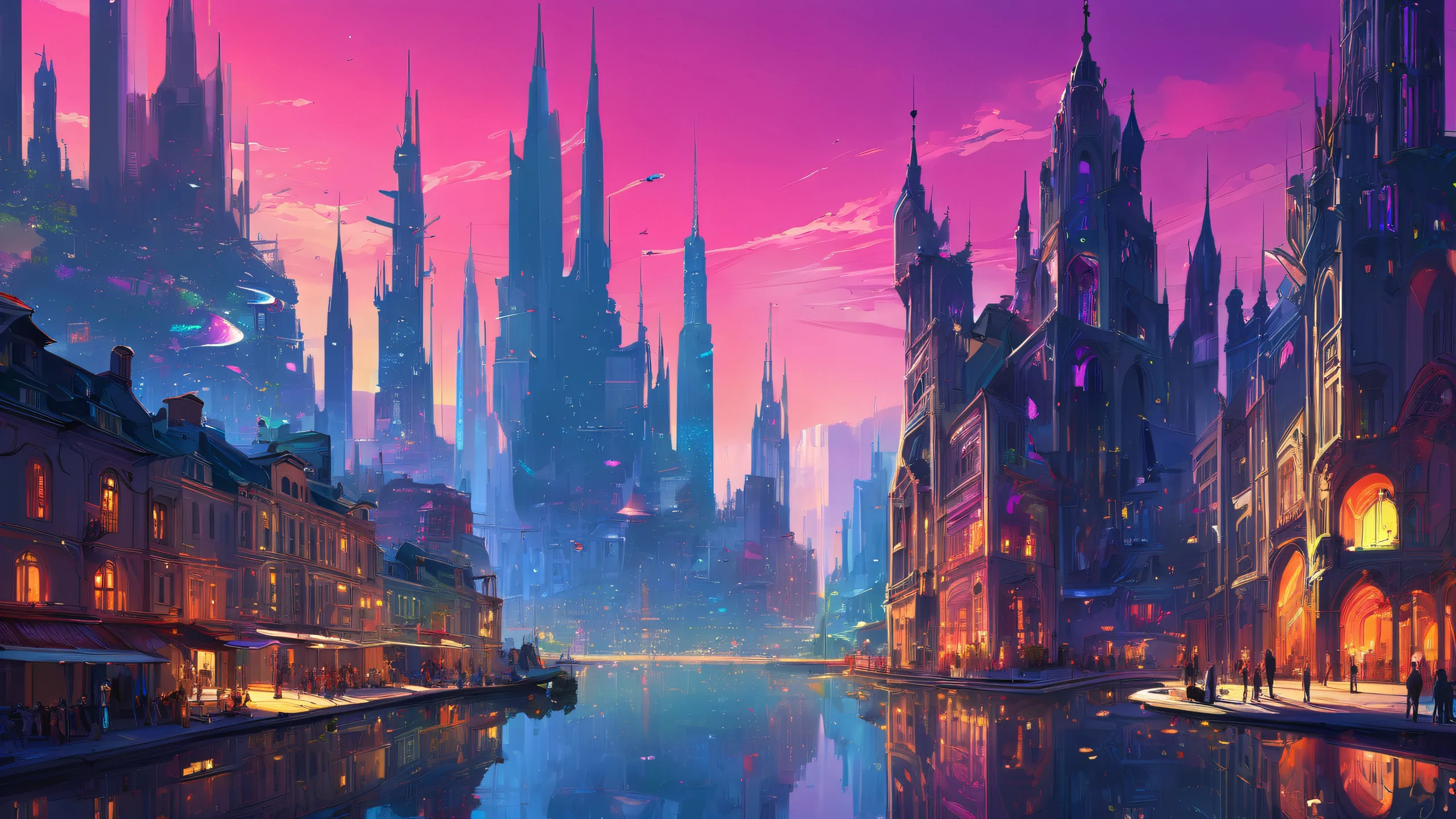 Silhouette of a futuristic cityscape on a desktop or PC, with a deep void background and ethereal lighting.