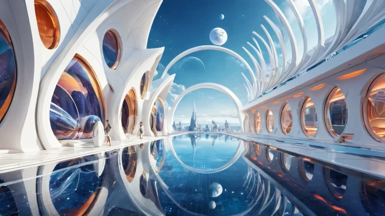 A stunning futuristic desktop landscape with perfectly clean architecture and reflections for a Desktop/PC