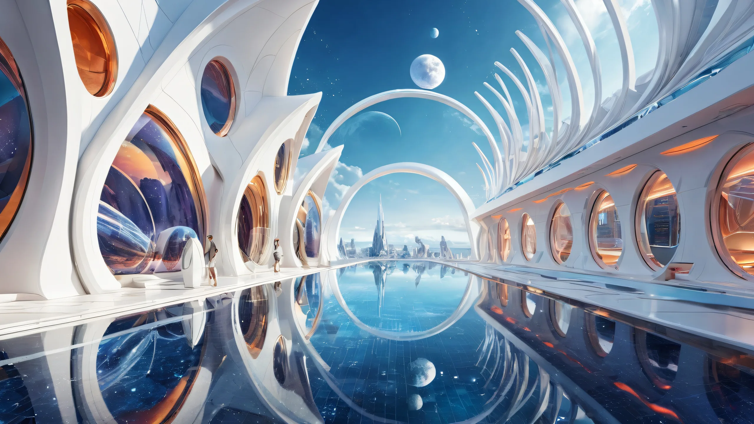 Ethereal Metropolis Awe Aesthetic PC Wallpaper A stunning futuristic desktop landscape with perfectly clean architecture and reflections for a Desktop/PC