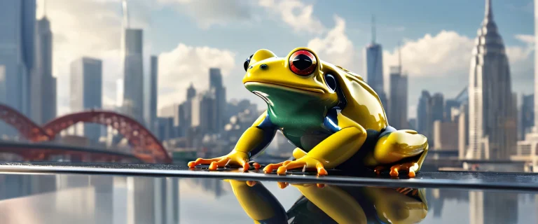 A beautiful digital artwork of a mechanical frog standing on a pristine void with a modern city skyline in the background, perfect for desktop or PC.