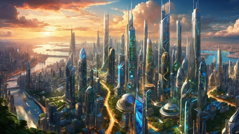 A futuristic cityscape blending seamlessly into lush forests on a desktop or PC screen.