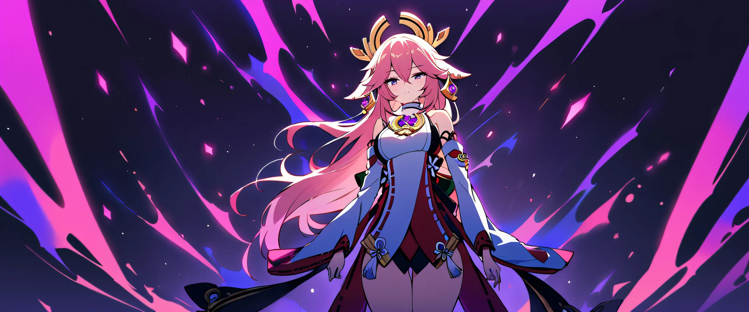 A serene anime girl, Yae Miko, looking directly at the viewer from a vast pure void on a desktop/pc background.