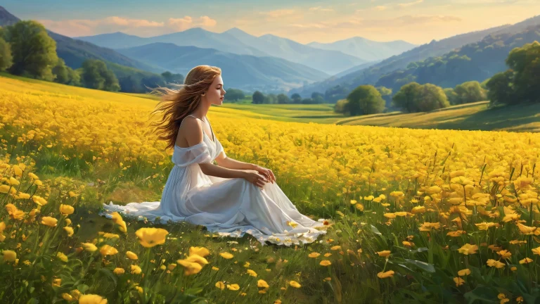 Woman sitting in a field on desktop/pc with award-winning digital art and vibrant colors for screen readers