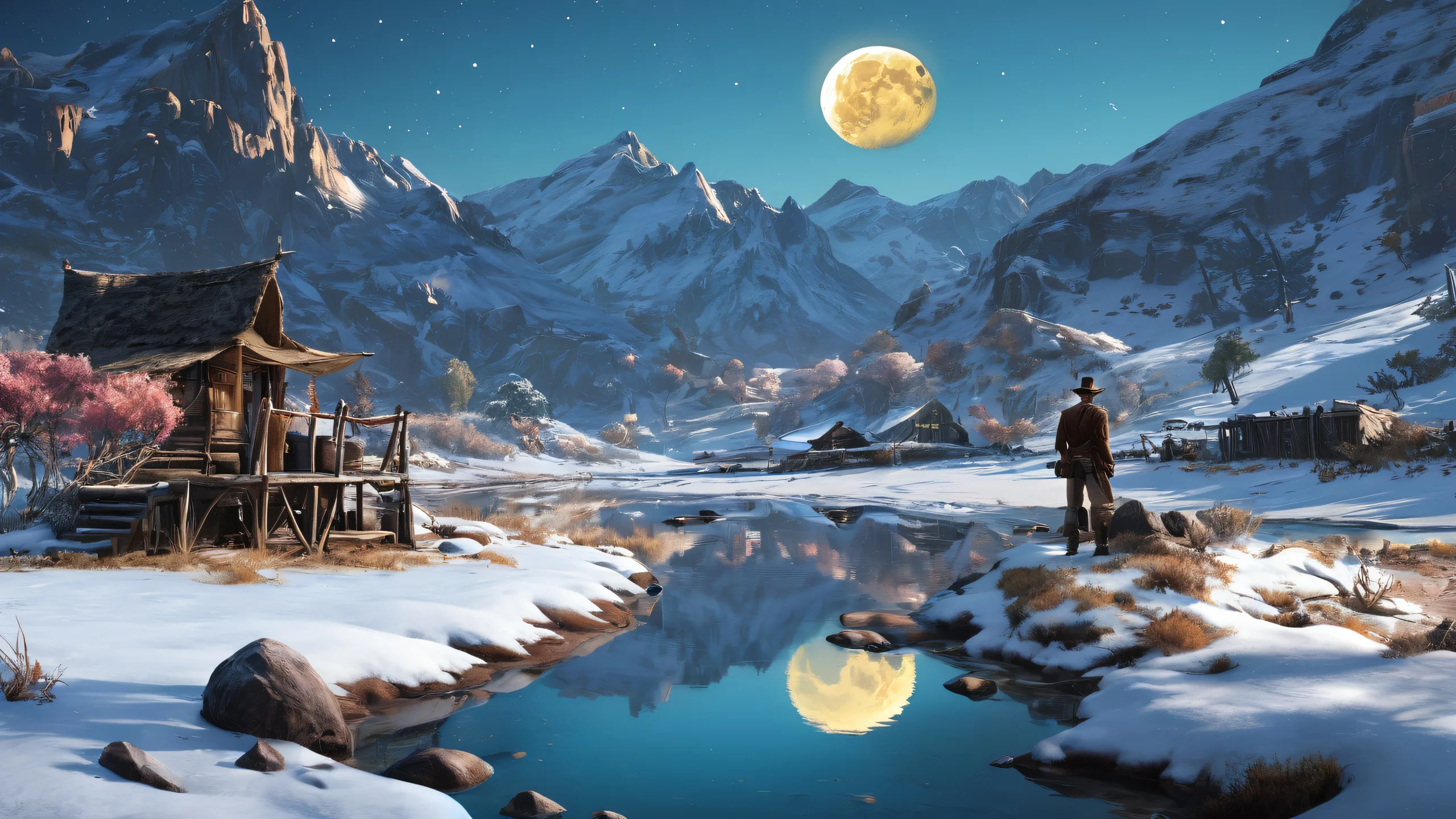 4K Ethereal Moonlit Frontier Desktop Background Arthur Morgan in a vast pure void with a distant Moon on a Desktop/PC