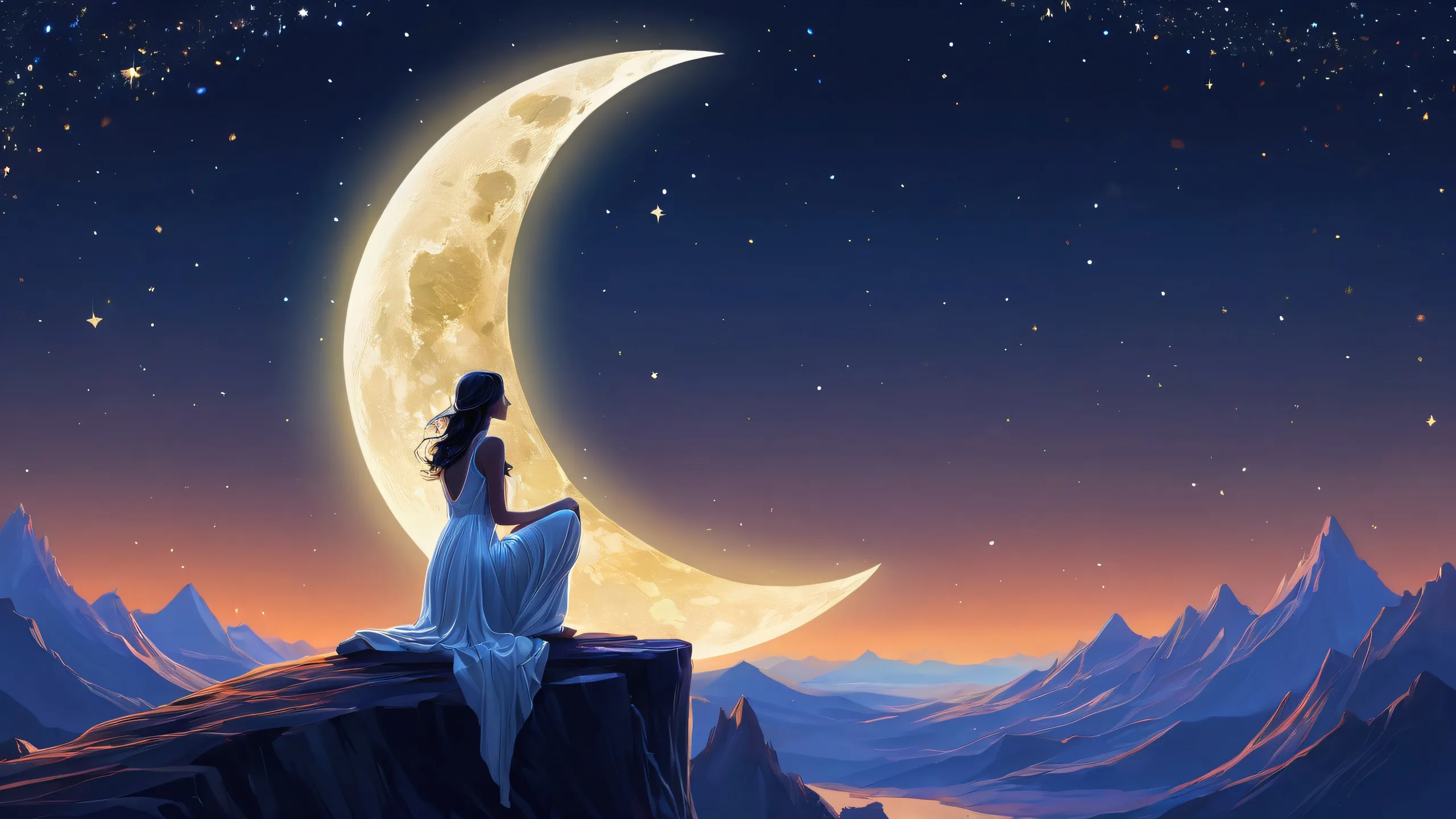 A breathtaking desktop wallpaper of a lazily posed figure in a vast pure void, with a crescent moon glow and stunning visual impact.