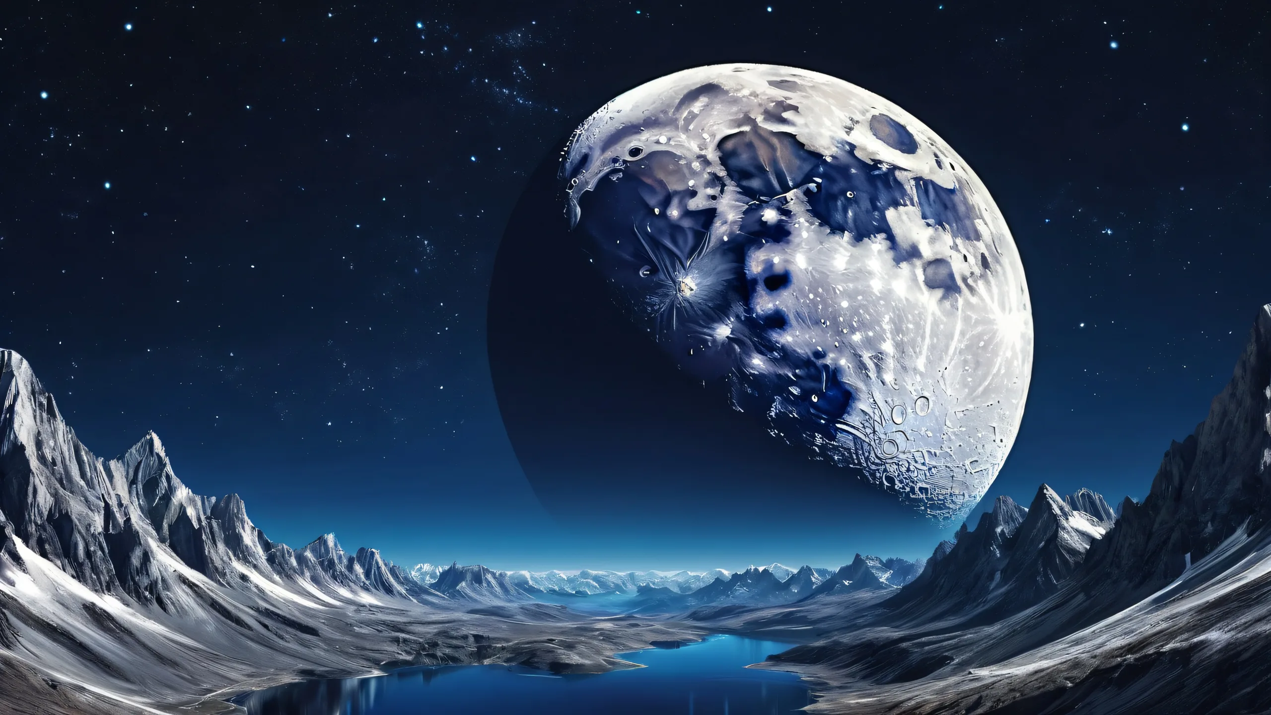 A stunning desktop image of the moon's surface on a dark blue background, suitable for PC or Desktop use.