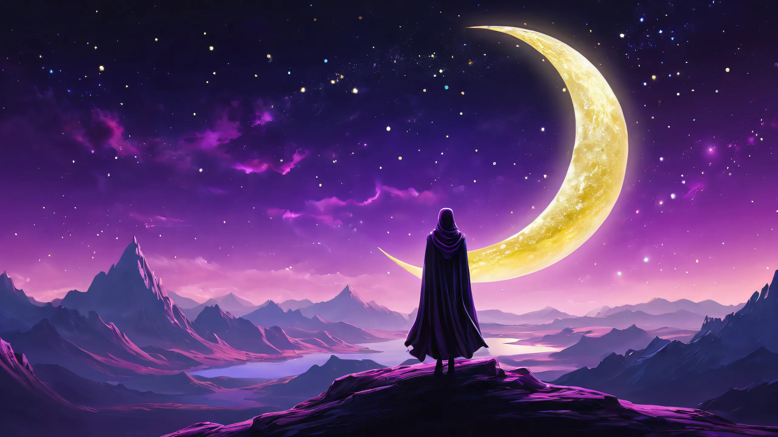 A serene and hauntingly beautiful desktop scene of a vast pure void with a crescent moon glow on a black background, perfect for a Desktop/PC.