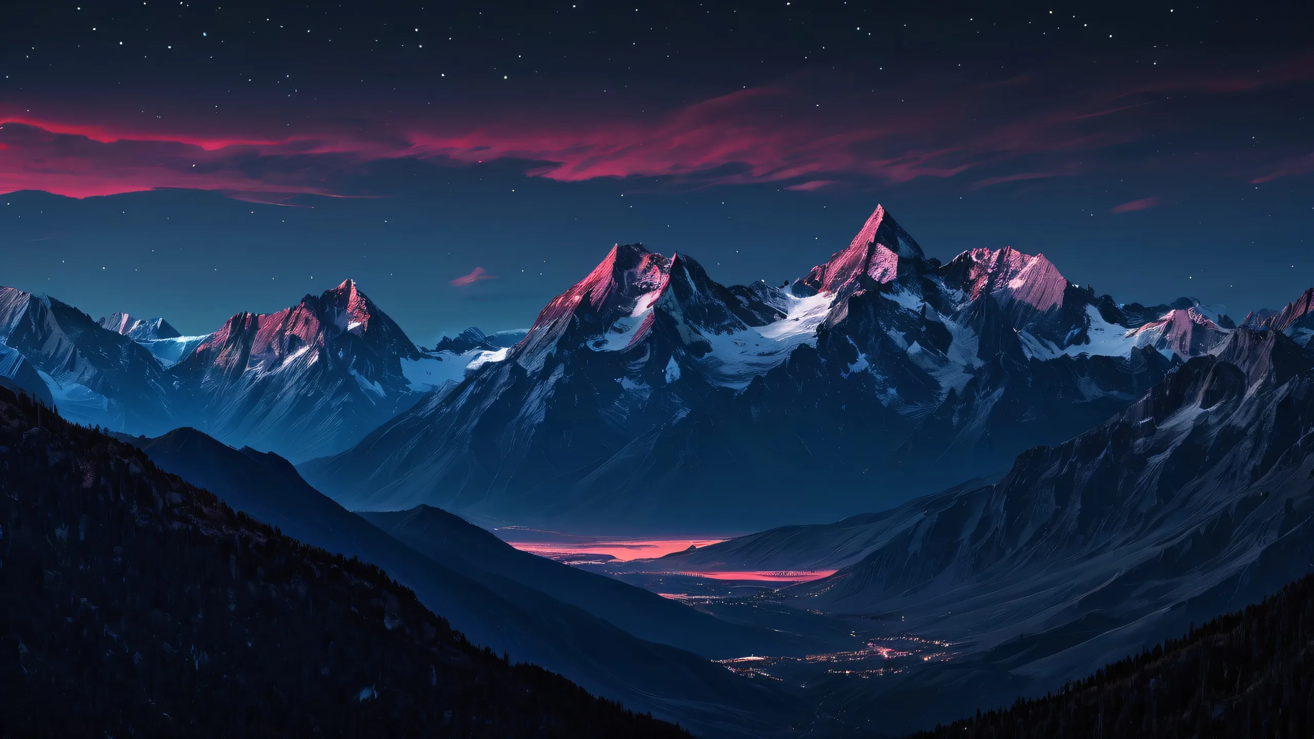 4K Ethereal Mountain Escapade Desktop Background A serene and majestic mountain landscape for your desktop/pc, featuring deep blacks, striking contrast, and luminescent accents.