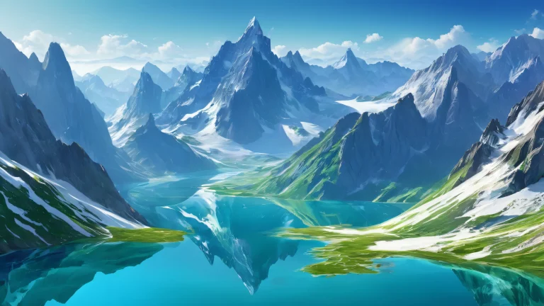 Stunning mountain landscape on a pristine desktop/PC background with vibrant colors and reflections.