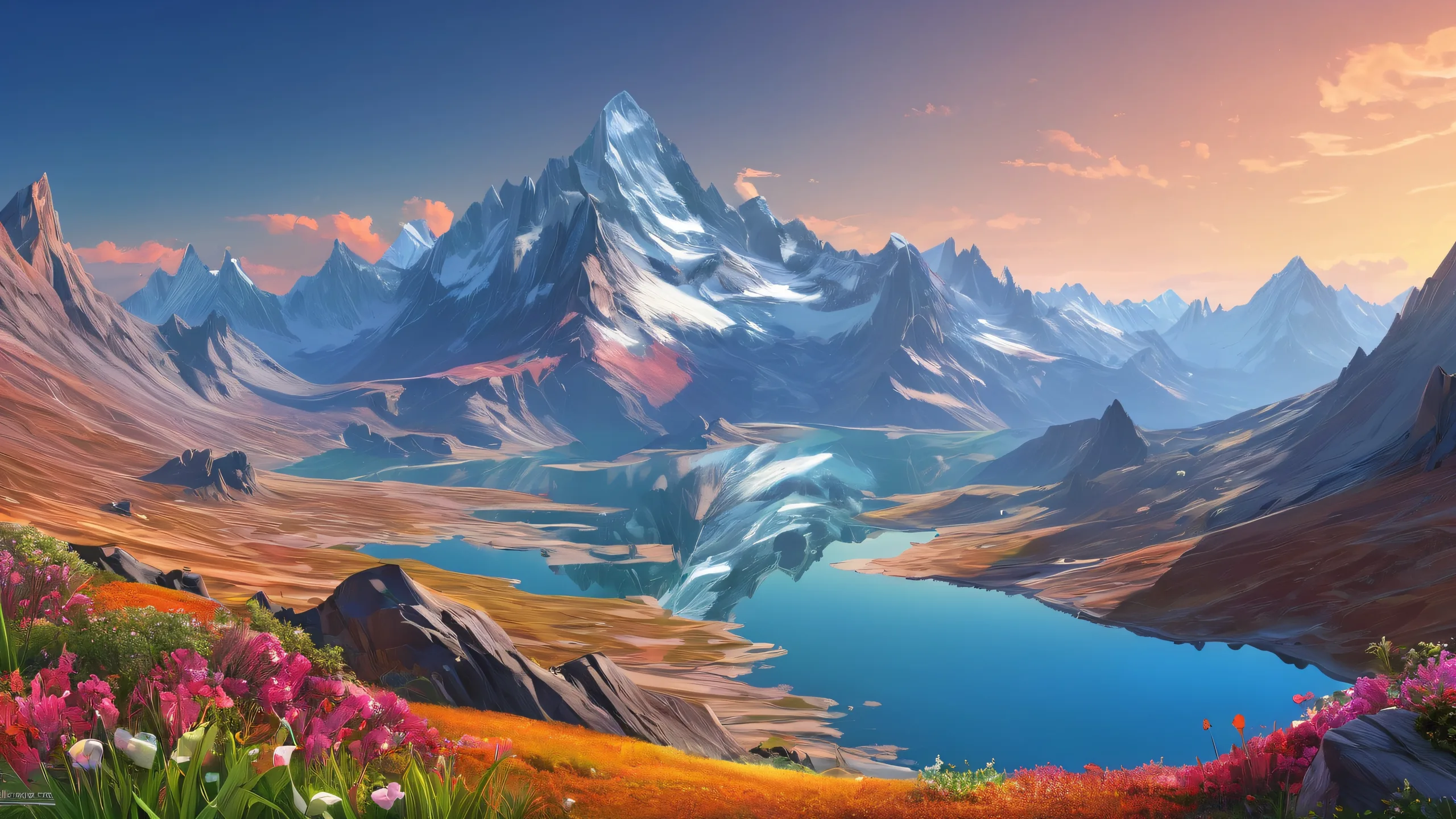 A serene and majestic mountain landscape on a desktop or PC background, with perfect depth of field and ethereal lighting.