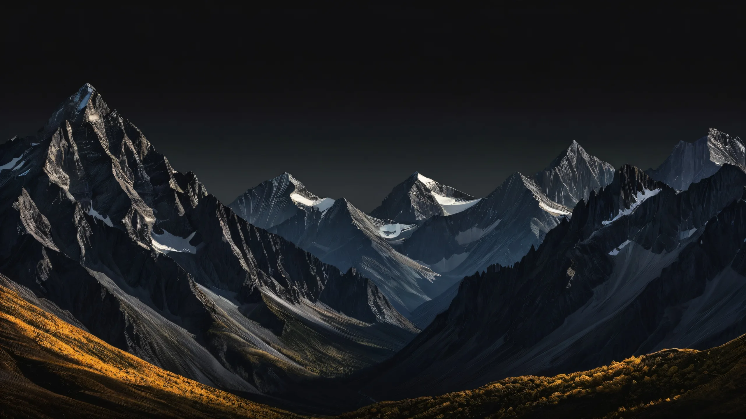 A serene summer mountain range on a dark mode desktop/pc background with lush greenery and intense sunlight.