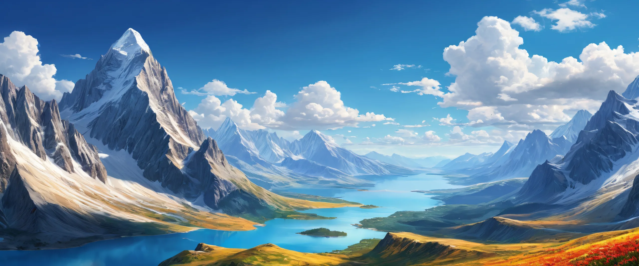 Stunning mountain range against a brilliant blue sky with puffy white clouds on a perfectly clean desktop/pc background
