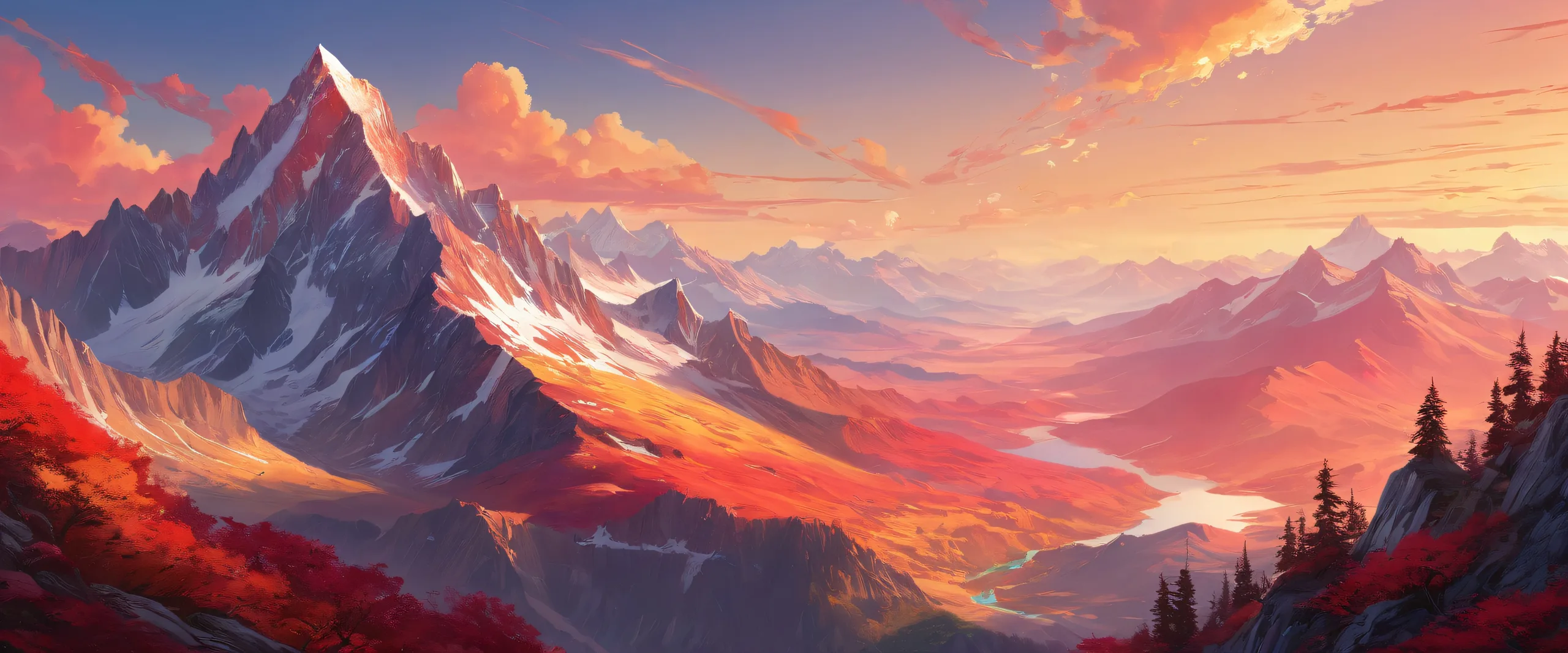 Breathtaking crimson landscape of mountains and trees on a desktop or PC.