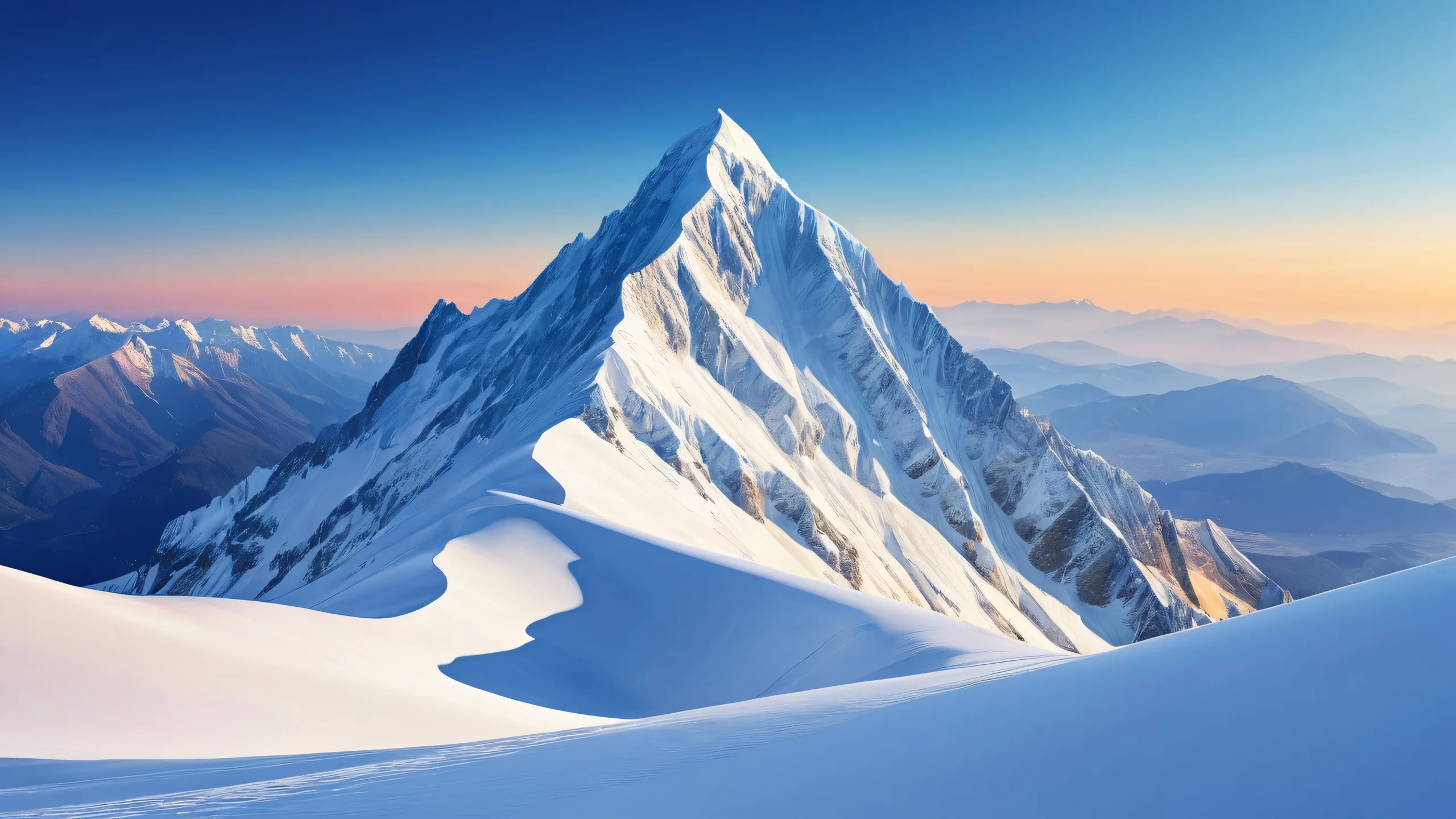 Snowy mountain landscape for desktop/pc with clear sky and radiant sunlight.