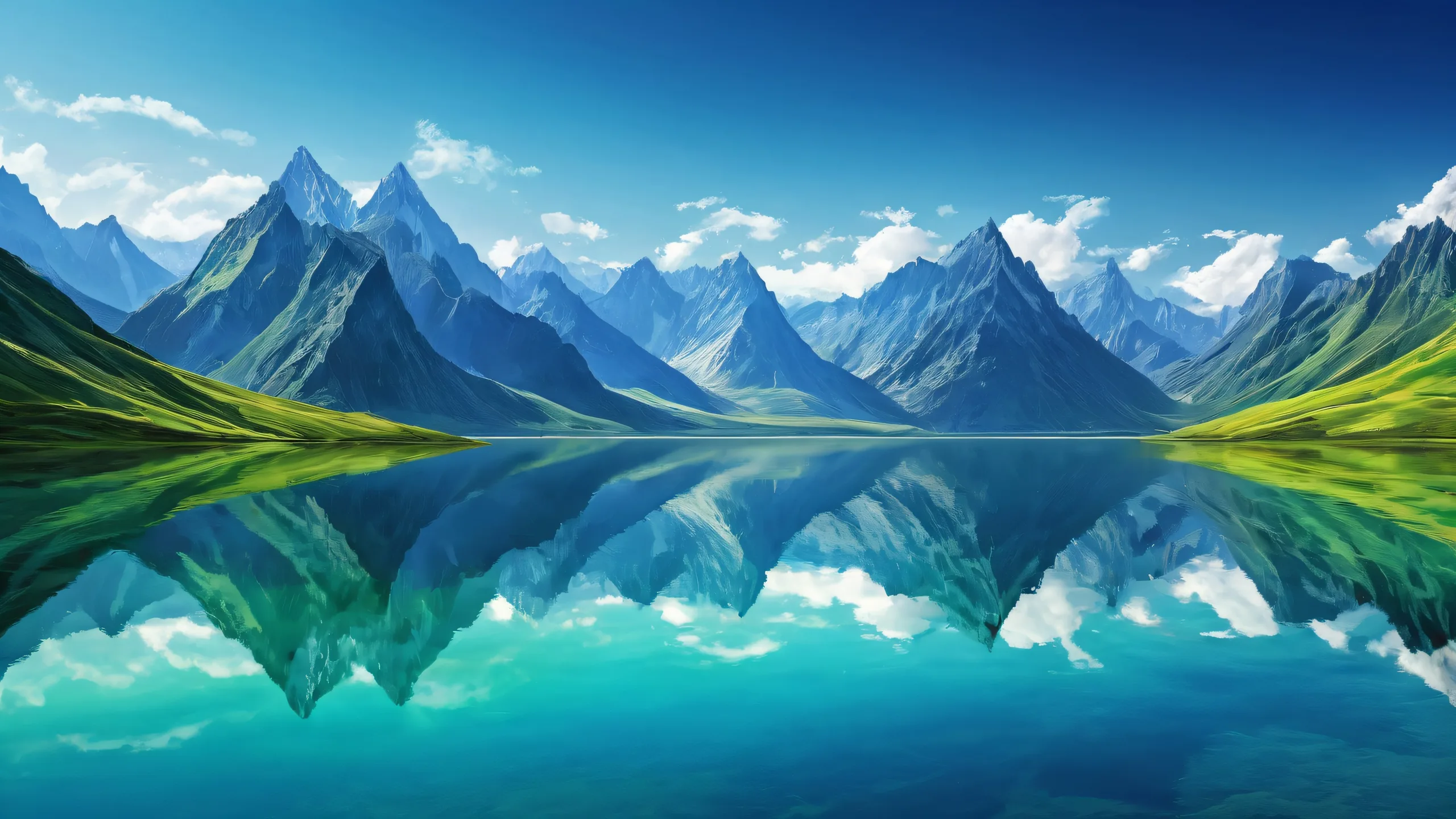 A serene desktop scene of majestic mountains against a pure blue sky, suitable for Desktop/PC use.