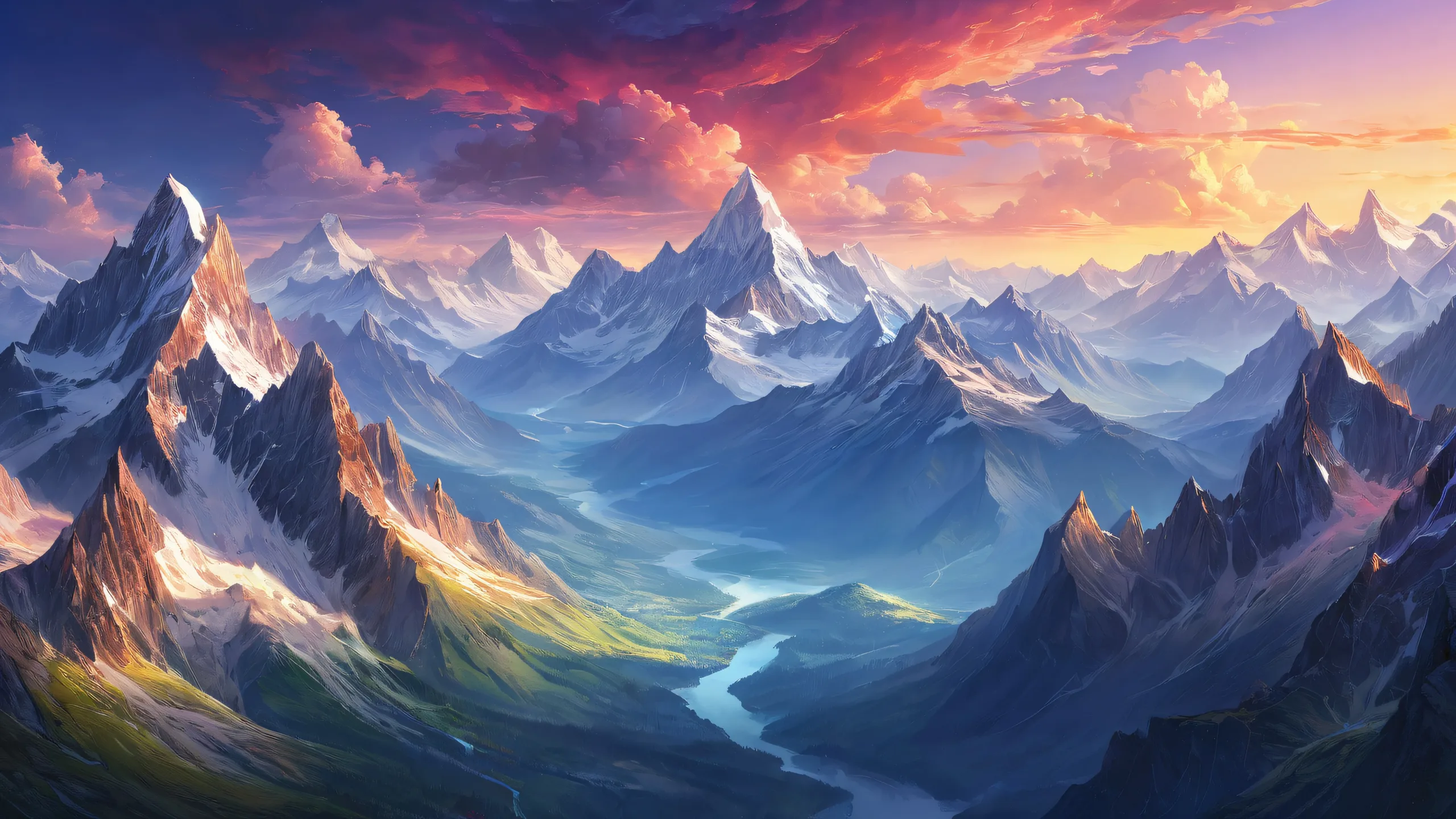 Breathtaking mountain landscape with radiant lighting and majestic clouds for your desktop/pc.