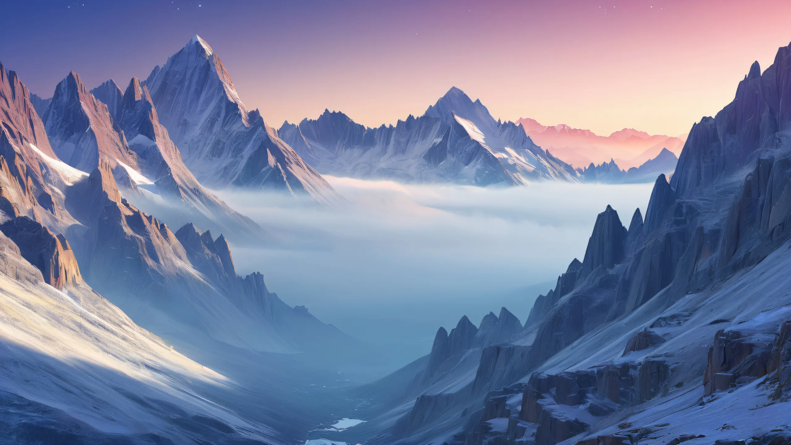 A serene desktop background of a misty mountain range with gray brick stacks rising from the foggy landscape, suitable for PC or Desktop use.