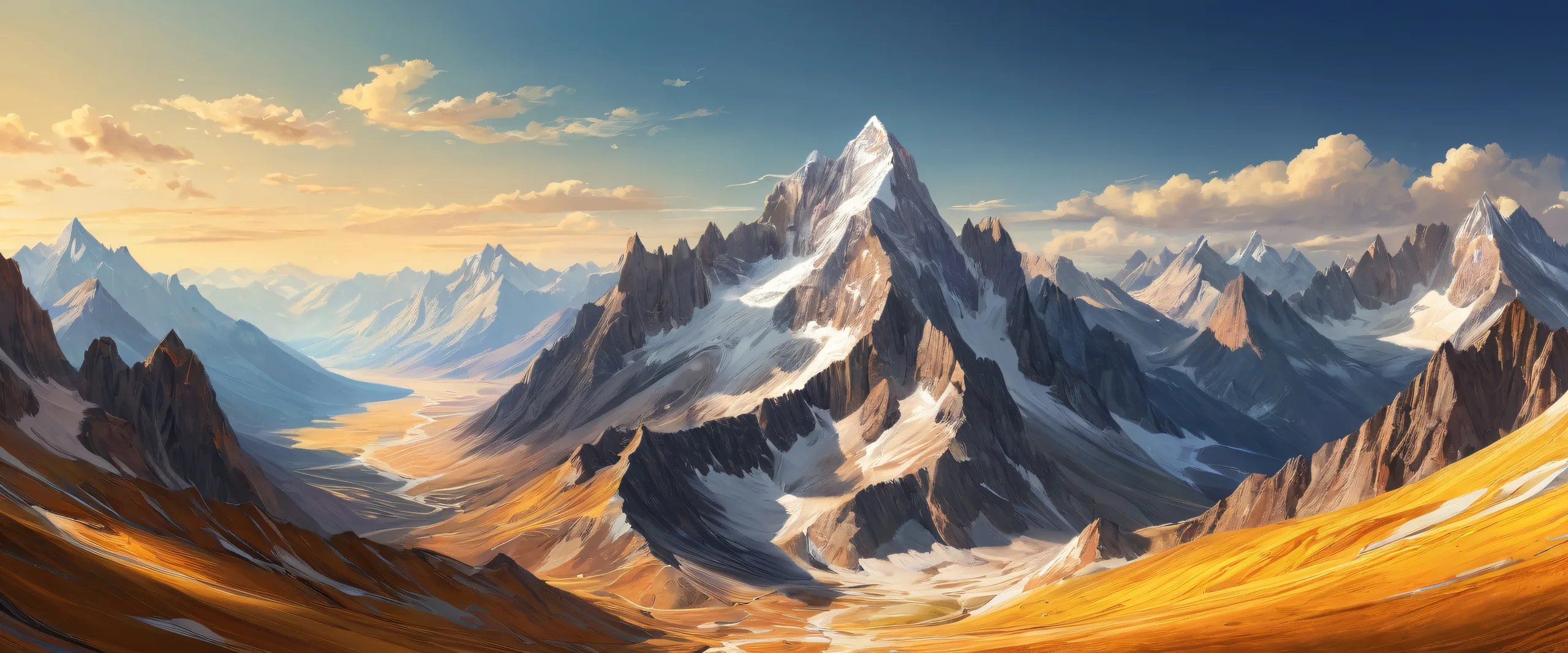 A majestic mountain landscape for desktop/pc backgrounds with stunning depth of field and radiant colors.