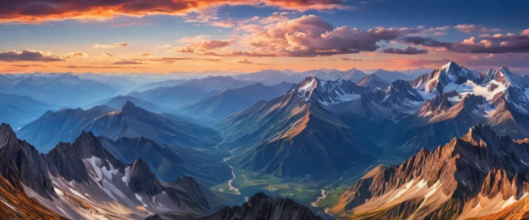 Breathtaking mountain landscape on a clean desktop/pc background with award-winning digital art and radiant colors.