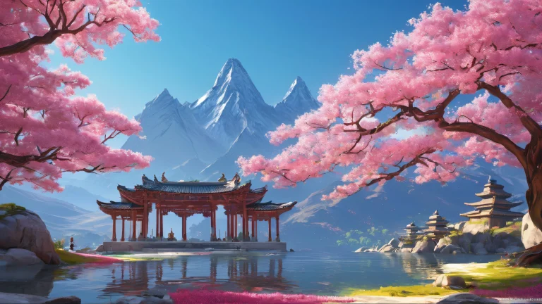 Serene temple set amidst breathtaking mountain landscape on a desktop or PC, for a peaceful and calming visual experience.