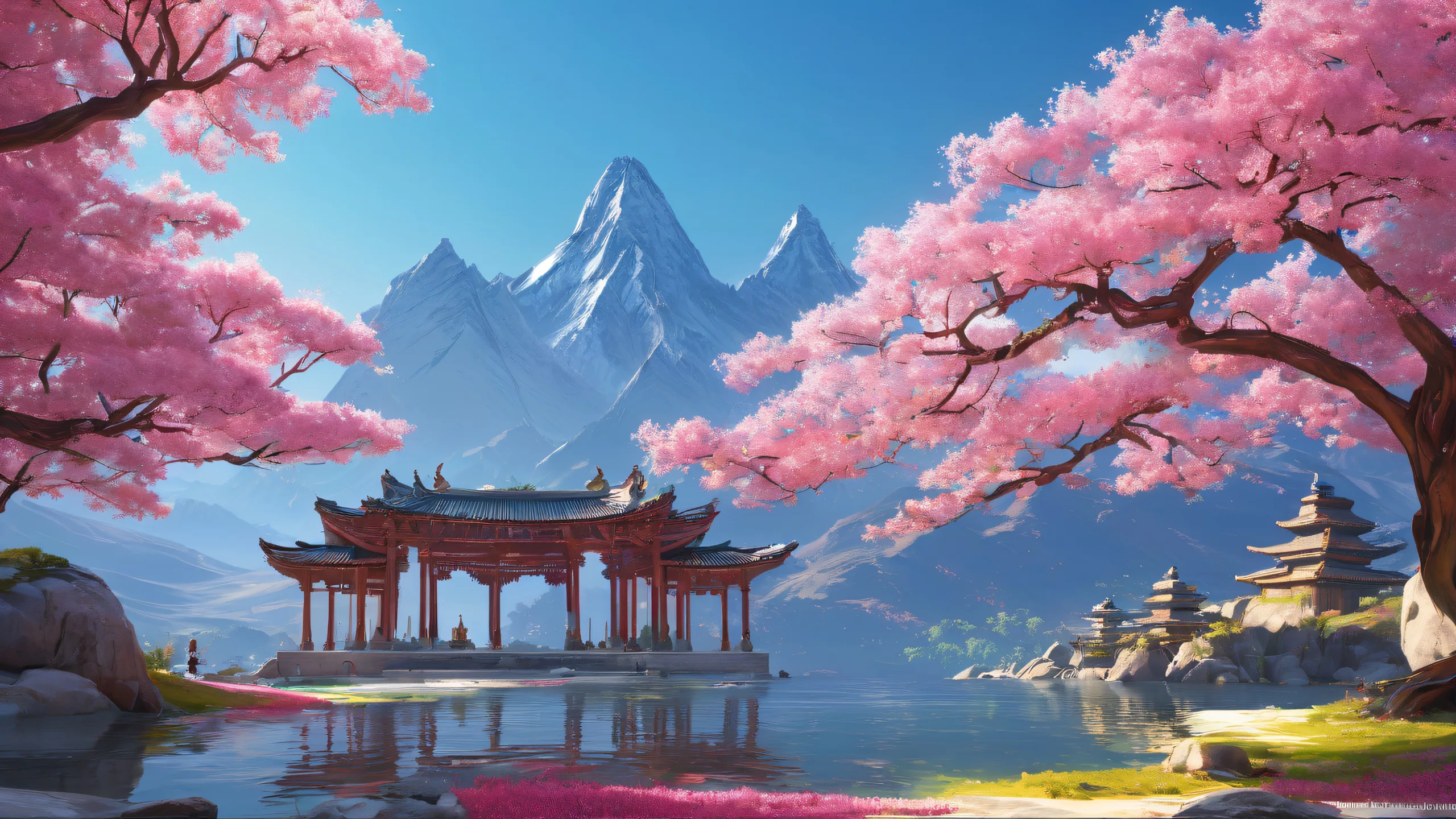 Serene temple set amidst breathtaking mountain landscape on a desktop or PC, for a peaceful and calming visual experience.