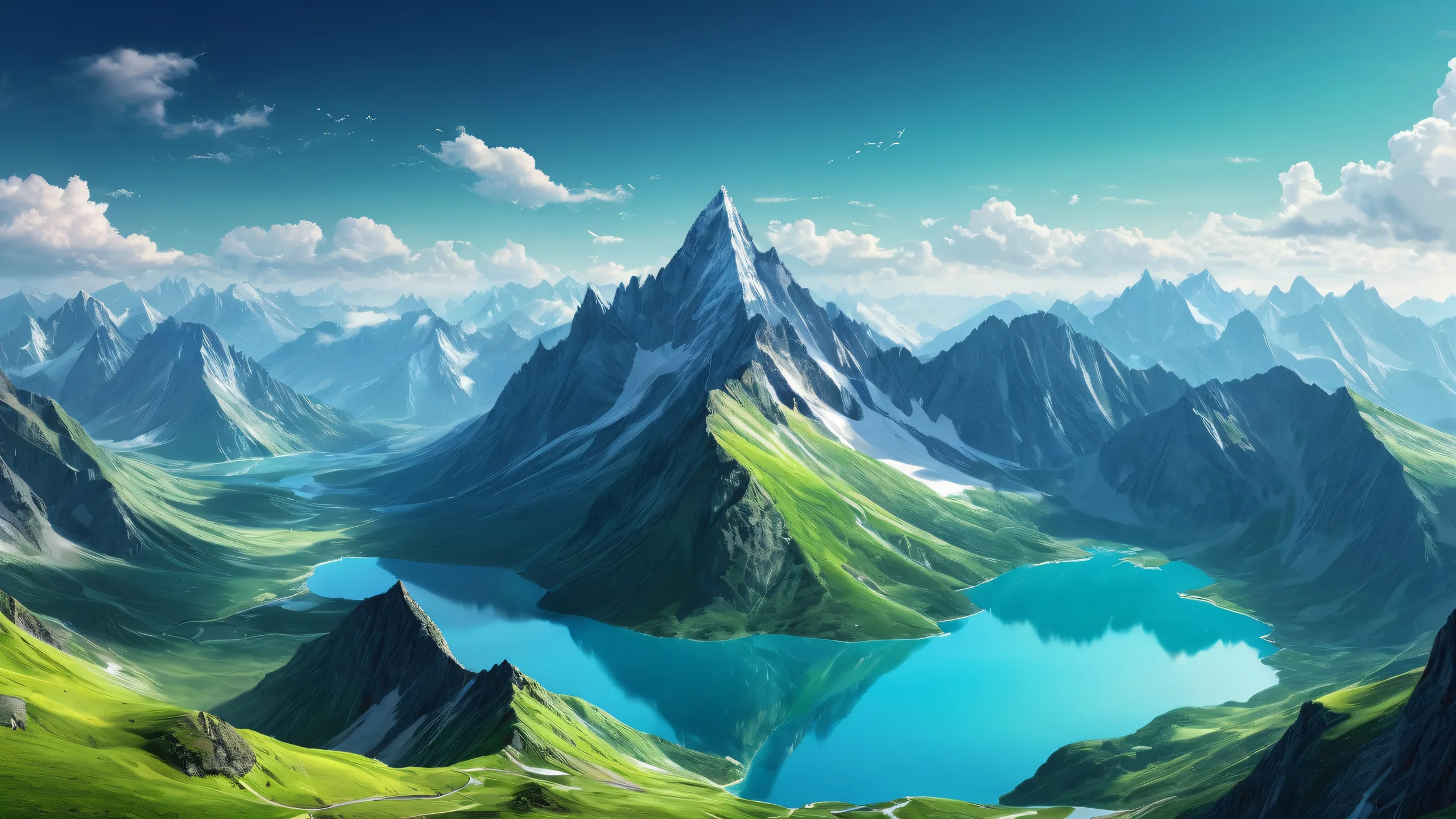 A serene desktop wallpaper of majestic mountains on a pristine Desktop/PC