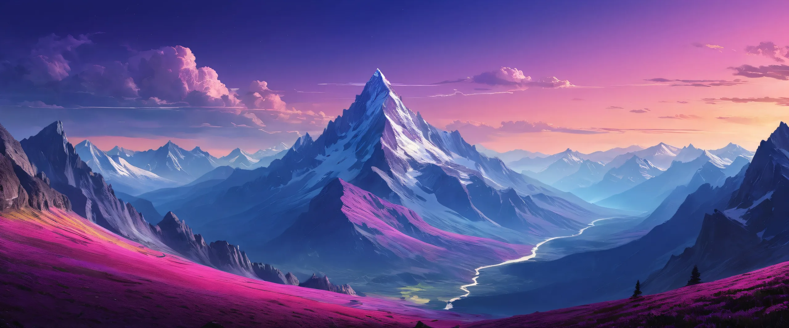 A serene desktop scene of a mountain valley at dusk, suitable for use on Desktop/PC.